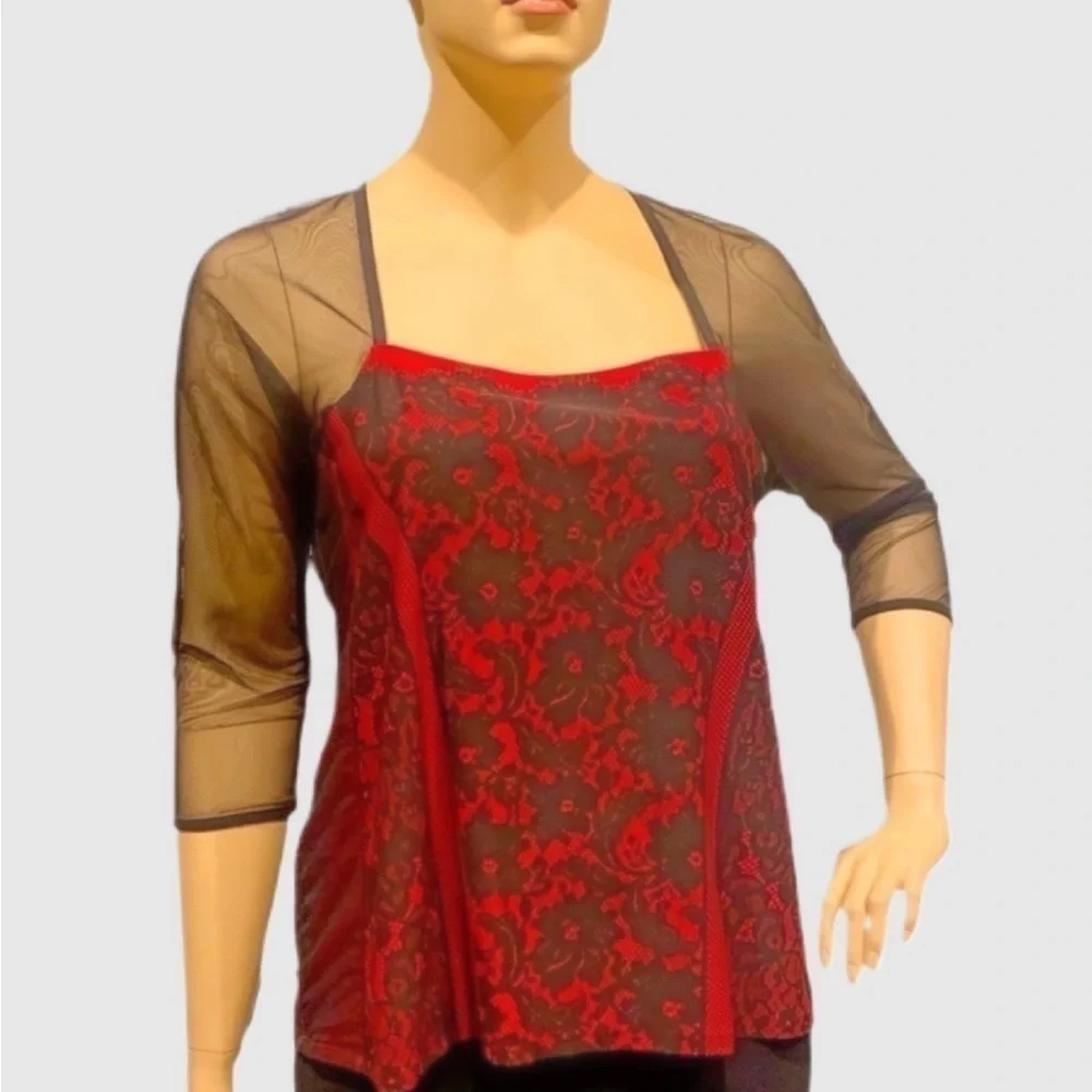 IGIGI Festival Top Plus Size 22 Black Lace on Red Blouse, 3/4 Raglan Sleeves NEW - Picture 1 of 11